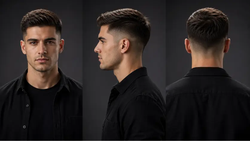 Confident young man with a modern Ivy League haircut featuring neatly tapered sides, textured side-parted top, and a clean masculine finish, styled in a premium barbershop setting with sharp grooming details and timeless men’s fashion aesthetic.