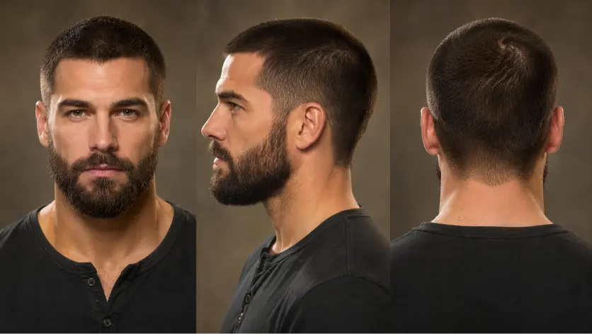 Modern long buzz cut hairstyles for men featuring fades, textured buzz cuts, beard combinations, and bold masculine looks