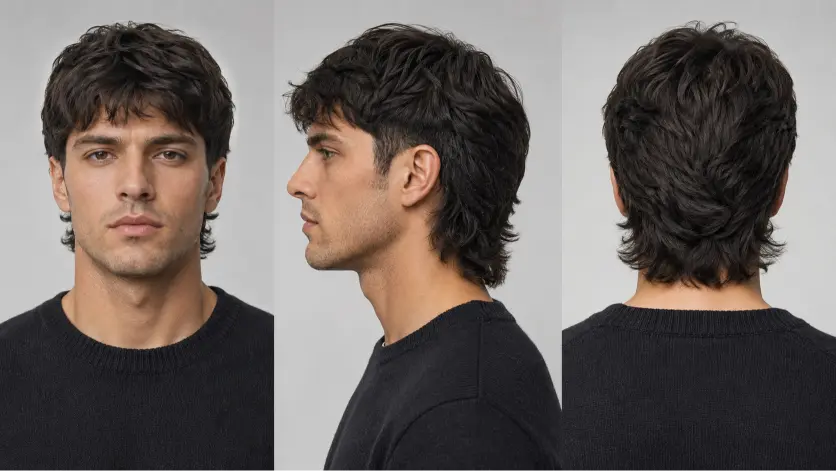 Man with a modern mullet fade haircut featuring textured volume on top, faded sides, and longer layered hair at the back for a bold stylish look