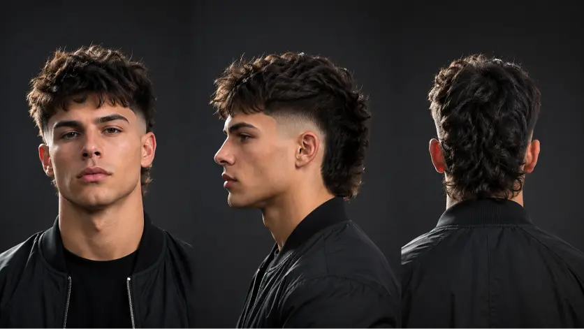 Man with a textured burst fade mullet hairstyle featuring sharp faded sides, messy volume on top, and longer layered hair in the back for a modern edgy look