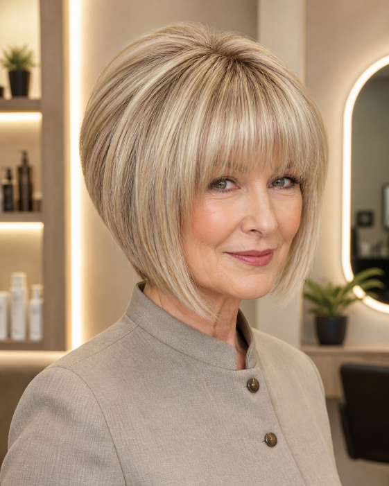 Layered bob with bangs for women over 50 showcasing flattering, modern styles for different face shapes and hair textures