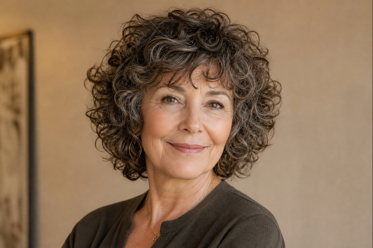 Short shag haircut for women over 50 with soft layered texture, voluminous crown, and wispy bangs adding youthful movement and fullness to thinning hair