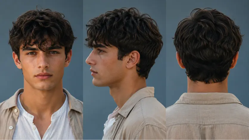 Messy fringe haircut for men with textured volume, modern fade, and natural movement — stylish 2026 men’s hairstyle idea for straight, wavy, and curly hair types.