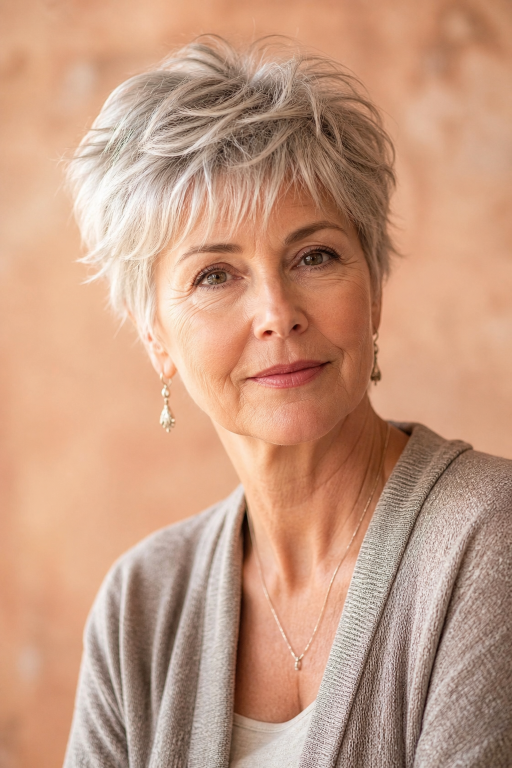 Short layered pixie haircut for women over 60 with thin fine hair adding volume and lift