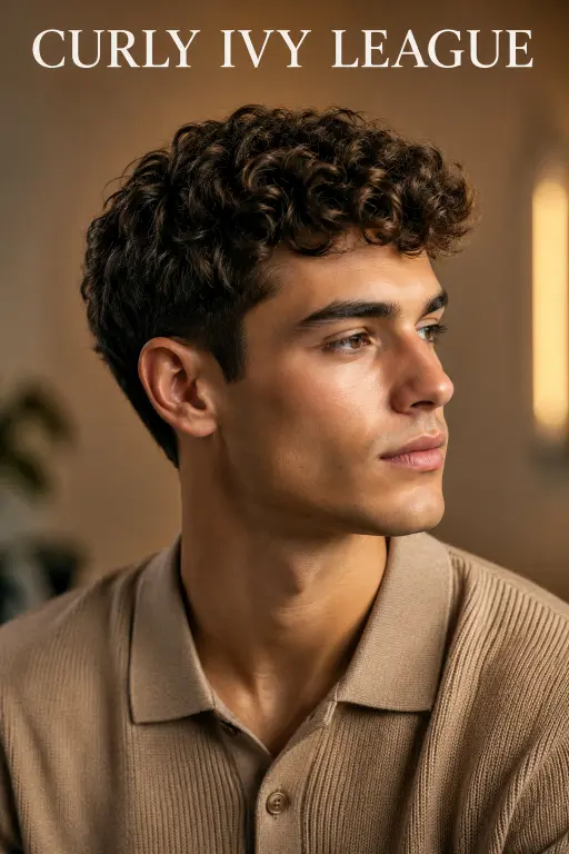 Confident young man with a modern Ivy League haircut featuring neatly tapered sides, textured side-parted top, and a clean masculine finish, styled in a premium barbershop setting with sharp grooming details and timeless men’s fashion aesthetic.