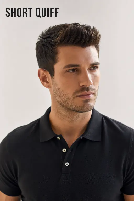 Modern textured quiff hairstyle for men with high fade, thick volume, and natural texture styled for a sharp masculine look
