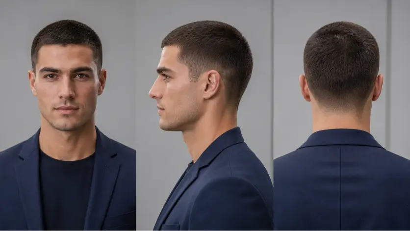 Modern long buzz cut hairstyles for men featuring fades, textured buzz cuts, beard combinations, and bold masculine looks