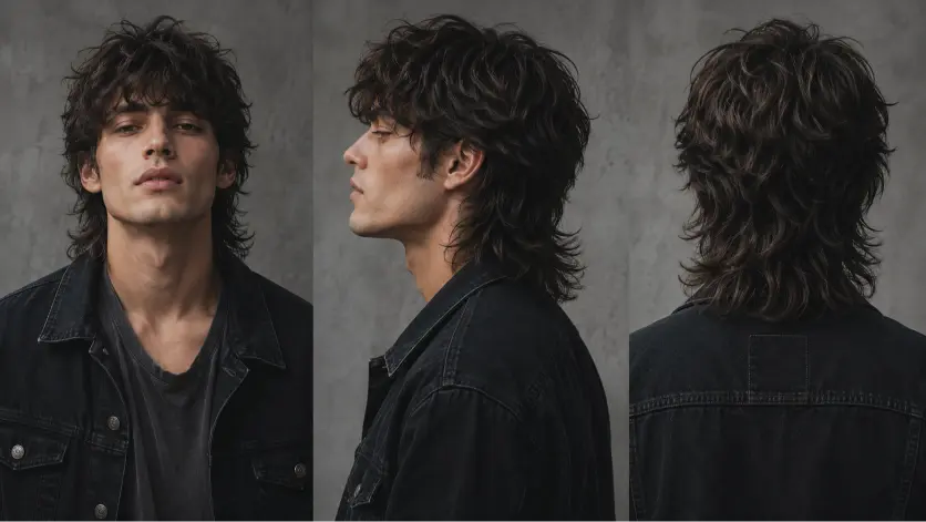 Modern textured mullet hairstyle for men with burst fade sides and layered back, showcasing a trendy masculine haircut for thick wavy hair