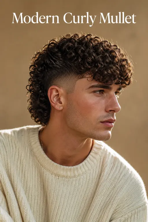 Man with a modern mullet fade haircut featuring textured volume on top, faded sides, and longer layered hair at the back for a bold stylish look