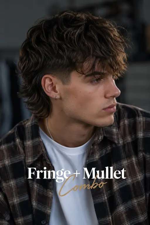 Man with a textured burst fade mullet hairstyle featuring sharp faded sides, messy volume on top, and longer layered hair in the back for a modern edgy look