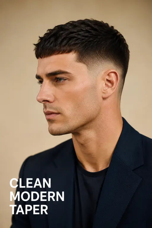 Man with a modern French crop high fade haircut featuring textured top layers, sharp faded sides, and a clean masculine finish, showcasing trendy men’s hairstyle inspiration for 2026.