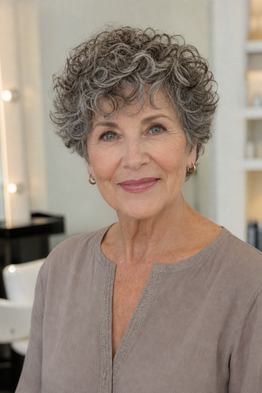 Elegant short layered hairstyle for women over 70 with soft volume and natural gray hair