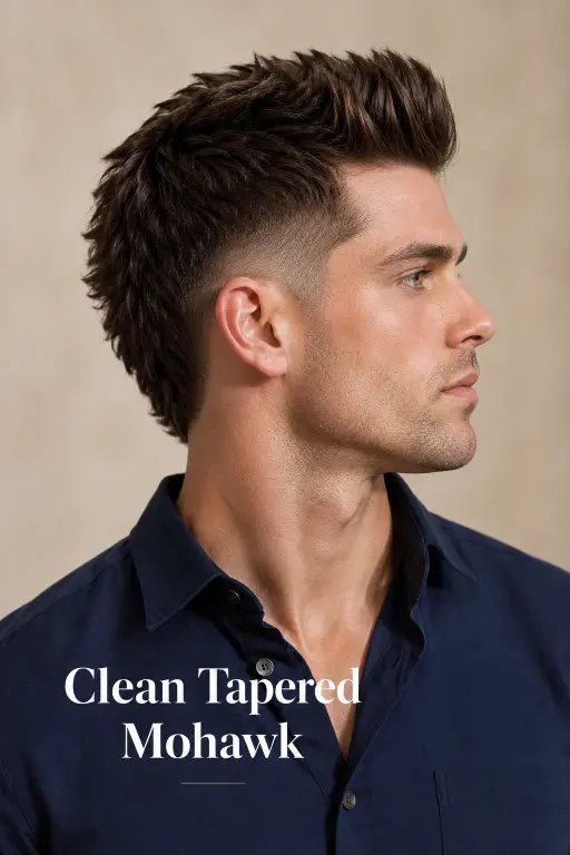 Man with a modern burst fade mohawk haircut featuring textured volume, sharp faded sides, and bold masculine style trend for men