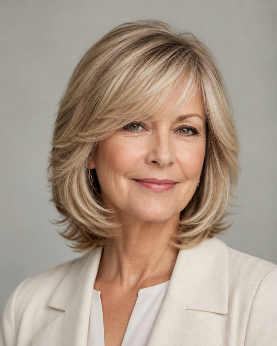 Layered bob with bangs for women over 50 showcasing flattering, modern styles for different face shapes and hair textures