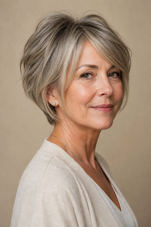 Short layered hairstyles for women over 60 showcasing modern volume, texture, and easy-to-maintain elegant looks