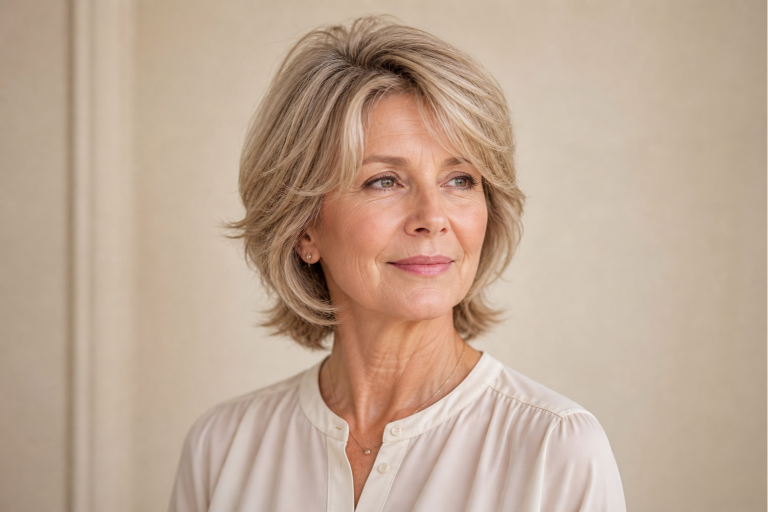 Short shag haircut for women over 50 with soft layered texture, voluminous crown, and wispy bangs adding youthful movement and fullness to thinning hair
