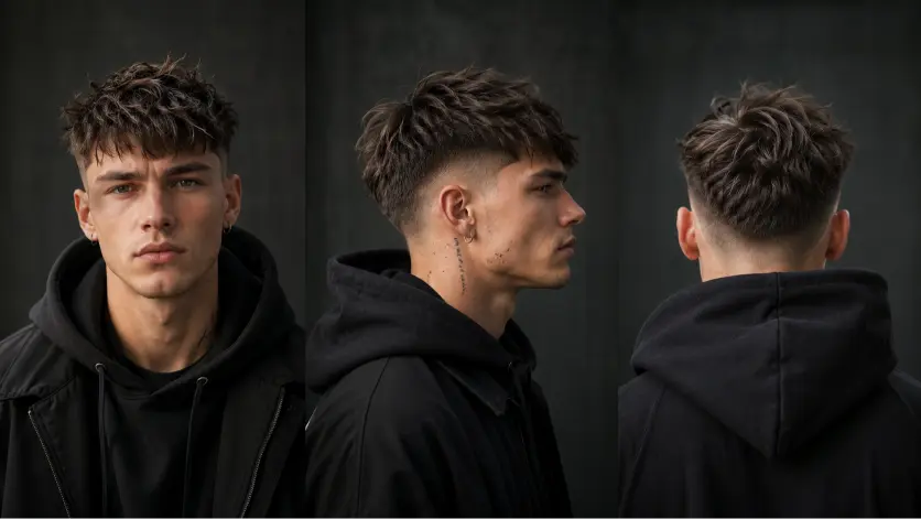 Sharp modern French crop low fade haircut on a stylish man with textured hair, clean faded sides, and defined fringe, showcasing trendy men’s grooming and contemporary barber style.