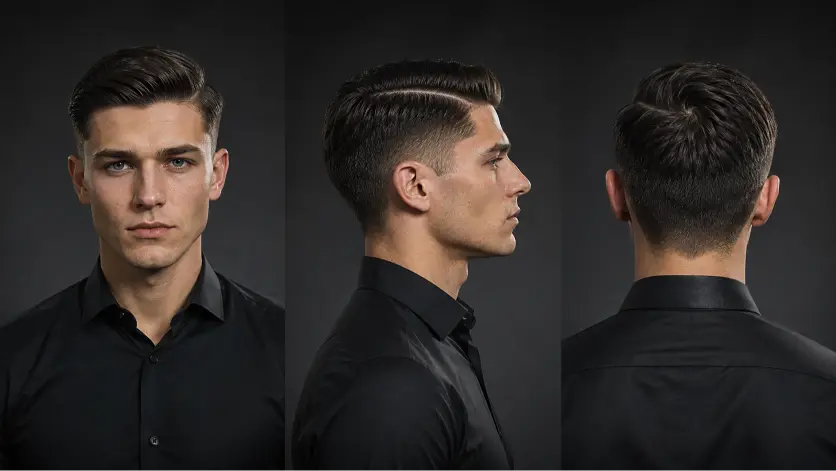 Confident young man with a modern Ivy League haircut featuring neatly tapered sides, textured side-parted top, and a clean masculine finish, styled in a premium barbershop setting with sharp grooming details and timeless men’s fashion aesthetic.