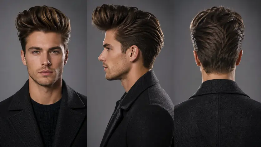 Modern textured quiff hairstyle for men with high fade, thick volume, and natural texture styled for a sharp masculine look