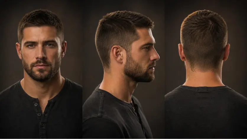 one powerfull image alt Clean and sharp crew cut haircut for men with modern fade, textured top, and masculine low maintenance style for every face shape