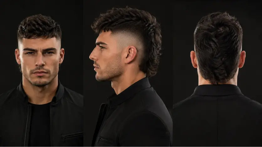 Modern textured mullet hairstyle for men with burst fade sides and layered back, showcasing a trendy masculine haircut for thick wavy hair