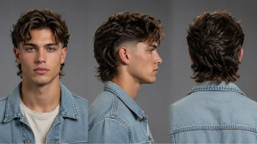 Man with a modern mullet fade haircut featuring textured volume on top, faded sides, and longer layered hair at the back for a bold stylish look