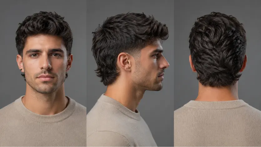 Man with a textured burst fade mullet hairstyle featuring sharp faded sides, messy volume on top, and longer layered hair in the back for a modern edgy look