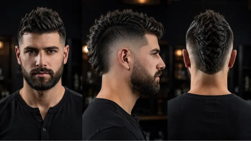 Man with a modern burst fade mohawk haircut featuring textured volume, sharp faded sides, and bold masculine style trend for men
