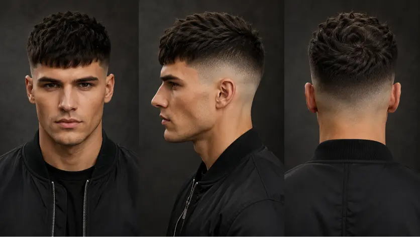 Man with a modern French crop high fade haircut featuring textured top layers, sharp faded sides, and a clean masculine finish, showcasing trendy men’s hairstyle inspiration for 2026.