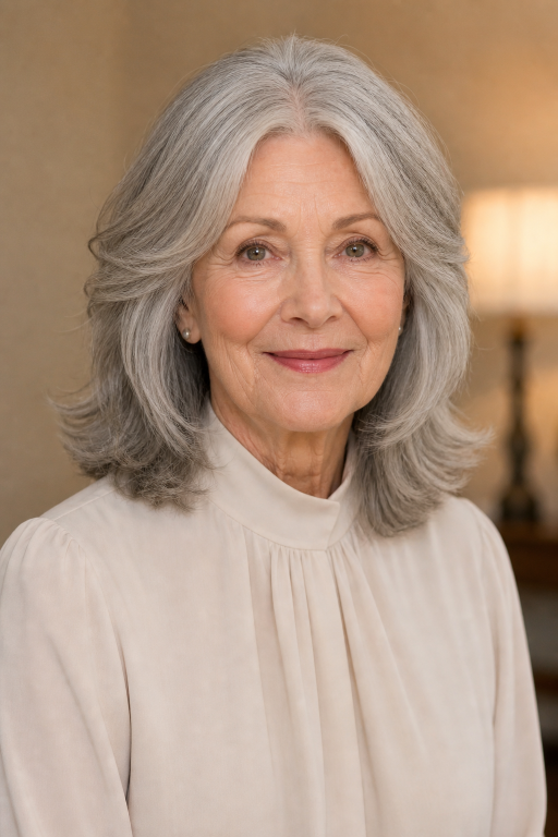 Elegant short layered hairstyle for women over 70 with soft volume and natural gray hair