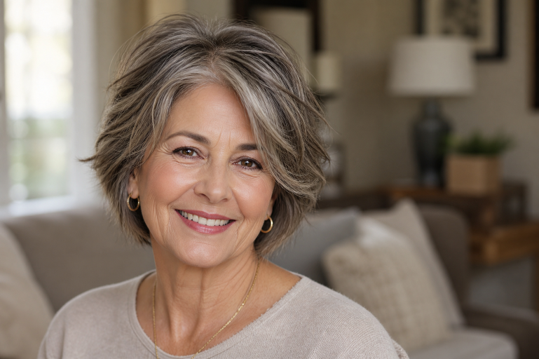 Short shag haircut for women over 50 with soft layered texture, voluminous crown, and wispy bangs adding youthful movement and fullness to thinning hair