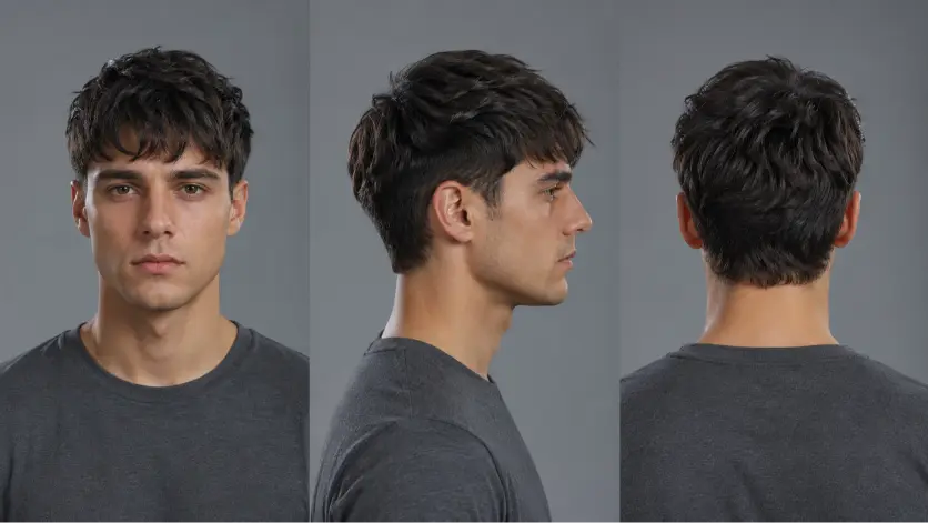 Messy fringe haircut for men with textured volume, modern fade, and natural movement — stylish 2026 men’s hairstyle idea for straight, wavy, and curly hair types.