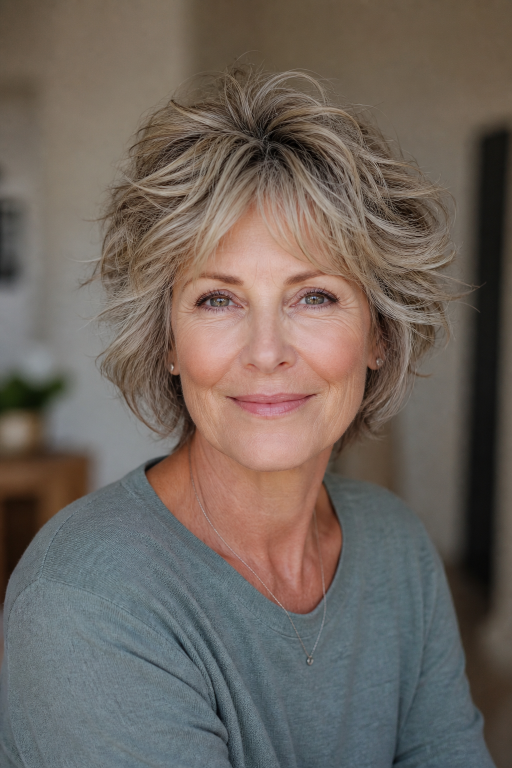 Short layered pixie haircut for women over 60 with thin fine hair adding volume and lift