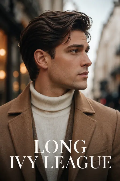 Confident young man with a modern Ivy League haircut featuring neatly tapered sides, textured side-parted top, and a clean masculine finish, styled in a premium barbershop setting with sharp grooming details and timeless men’s fashion aesthetic.