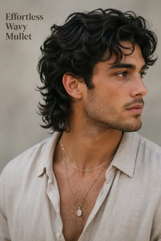 Modern textured mullet hairstyle for men with burst fade sides and layered back, showcasing a trendy masculine haircut for thick wavy hair