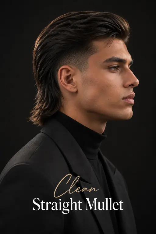 Man with a modern mullet fade haircut featuring textured volume on top, faded sides, and longer layered hair at the back for a bold stylish look