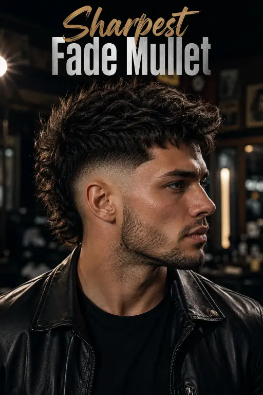 Man with a textured burst fade mullet hairstyle featuring sharp faded sides, messy volume on top, and longer layered hair in the back for a modern edgy look