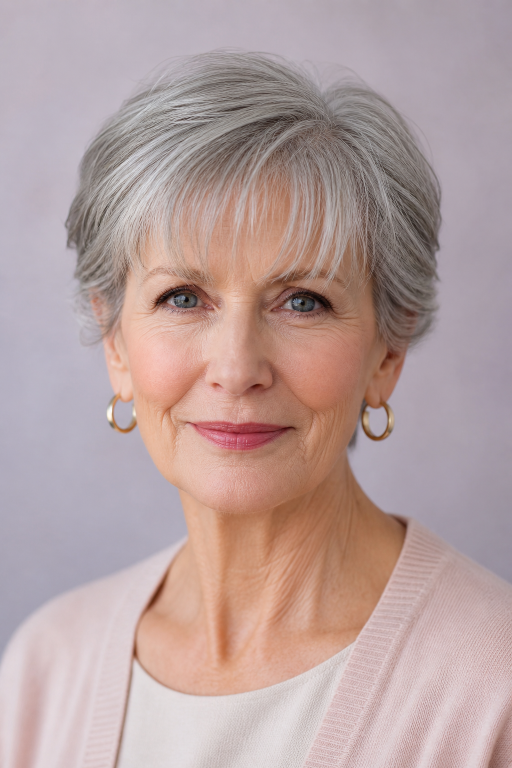 Elegant short layered hairstyle for women over 70 with soft volume and natural gray hair