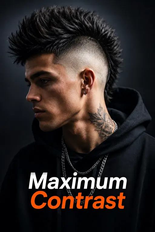 Man with a modern burst fade mohawk haircut featuring textured volume, sharp faded sides, and bold masculine style trend for men