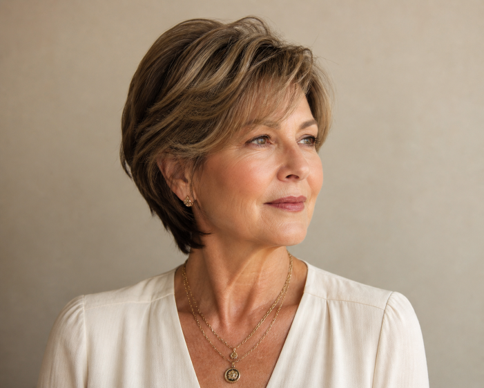 Short shag haircut for women over 50 with soft layered texture, voluminous crown, and wispy bangs adding youthful movement and fullness to thinning hair