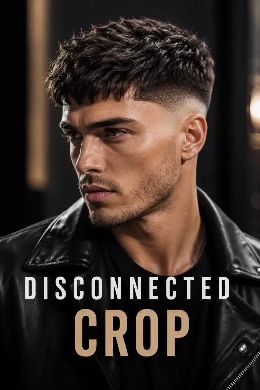 Man with a modern French crop high fade haircut featuring textured top layers, sharp faded sides, and a clean masculine finish, showcasing trendy men’s hairstyle inspiration for 2026.
