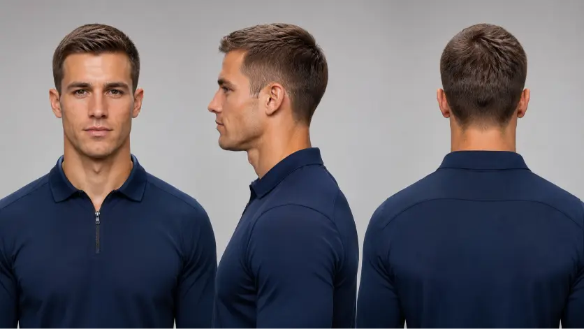 Confident young man with a modern Ivy League haircut featuring neatly tapered sides, textured side-parted top, and a clean masculine finish, styled in a premium barbershop setting with sharp grooming details and timeless men’s fashion aesthetic.