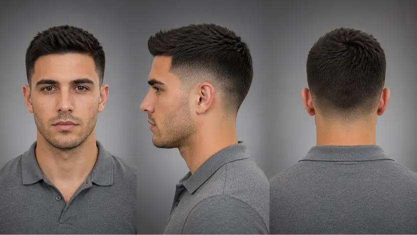 one powerfull image alt Clean and sharp crew cut haircut for men with modern fade, textured top, and masculine low maintenance style for every face shape