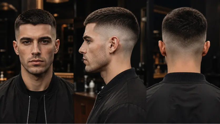 Modern long buzz cut hairstyles for men featuring fades, textured buzz cuts, beard combinations, and bold masculine looks