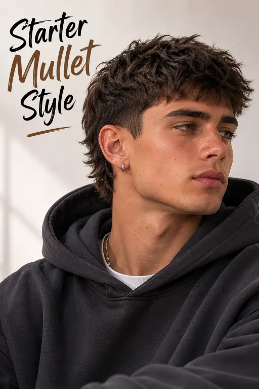 Modern textured mullet hairstyle for men with burst fade sides and layered back, showcasing a trendy masculine haircut for thick wavy hair