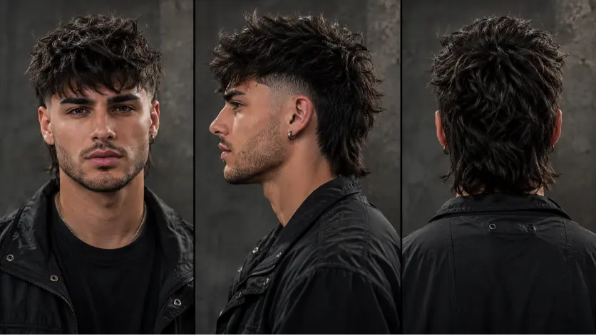 Man with a modern mullet fade haircut featuring textured volume on top, faded sides, and longer layered hair at the back for a bold stylish look