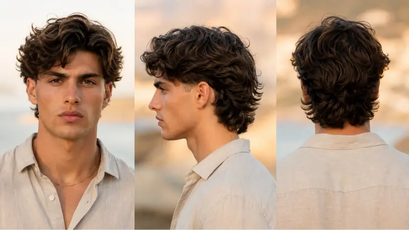 Man with a textured burst fade mullet hairstyle featuring sharp faded sides, messy volume on top, and longer layered hair in the back for a modern edgy look