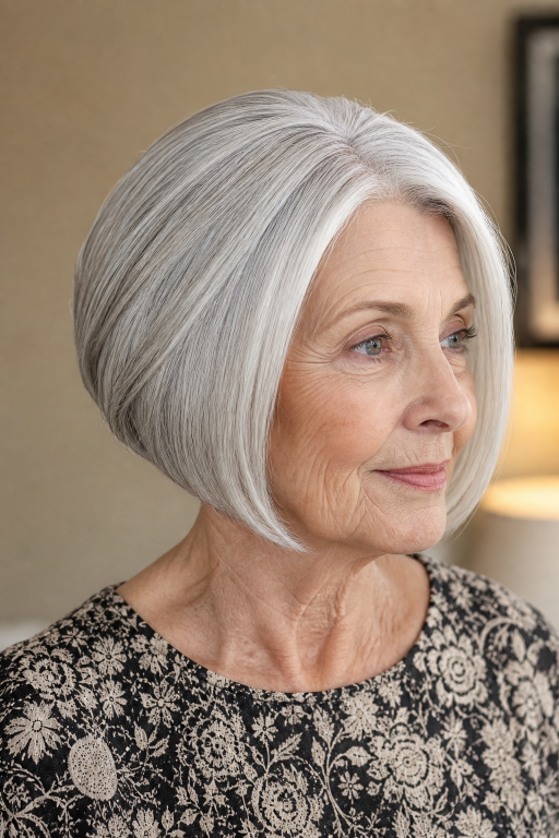 Elegant short layered hairstyle for women over 70 with soft volume and natural gray hair