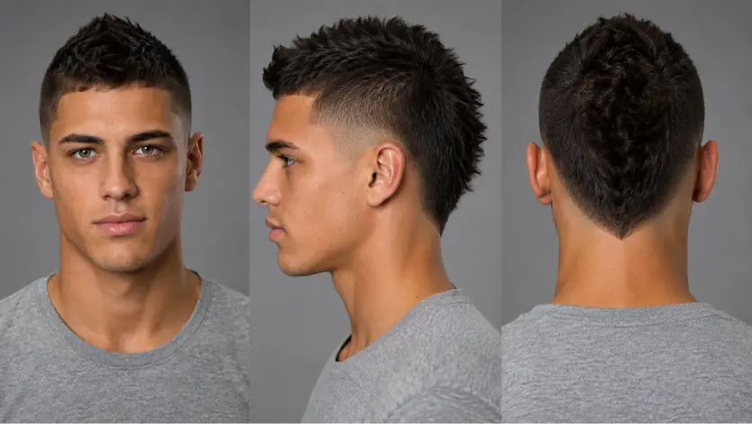 Man with a modern burst fade mohawk haircut featuring textured volume, sharp faded sides, and bold masculine style trend for men