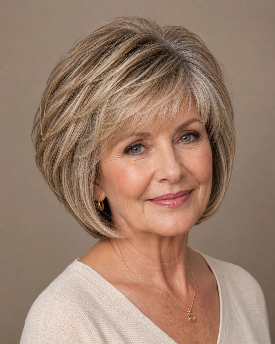 Layered bob with bangs for women over 50 showcasing flattering, modern styles for different face shapes and hair textures